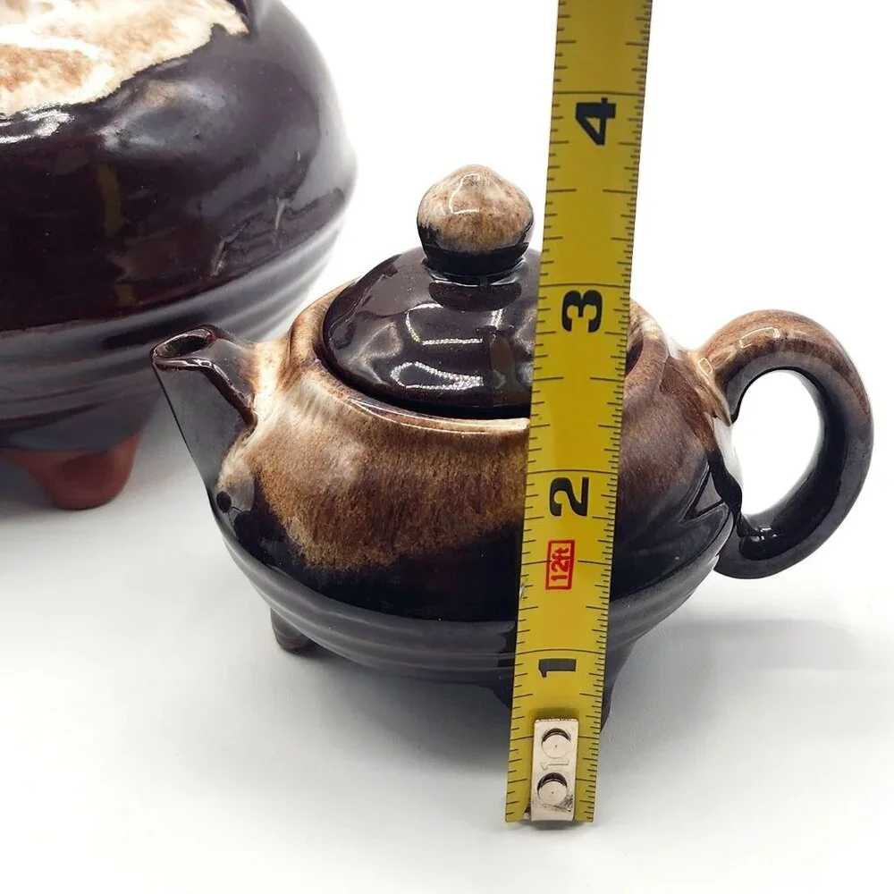 Vintage Redware Drip Glaze Teapot Creamer Sugar Set Wire Handle Ceramic Japan